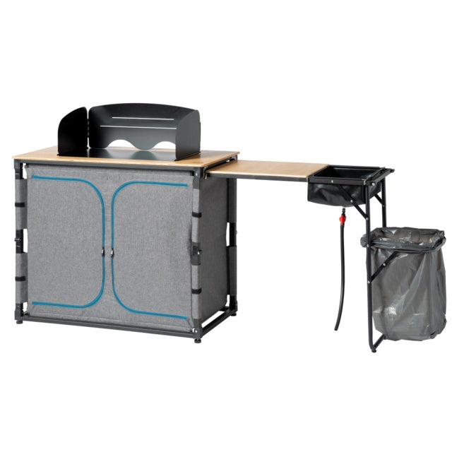 Campingküche mit Bambusplatte & Waschbecken – schwarz