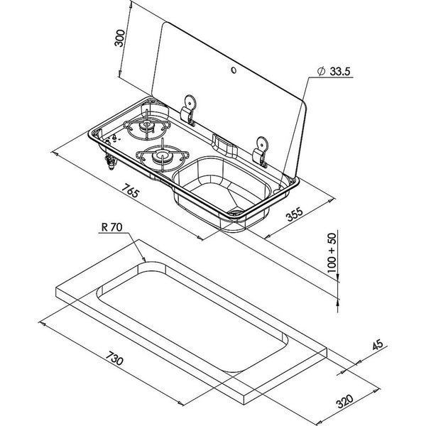 Koch- / Spülkombination CAN, 2-flammig, Glas 1-tlg.