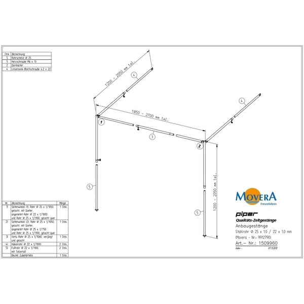 Stahlgestänge 25mm 2-Bein für Anbau